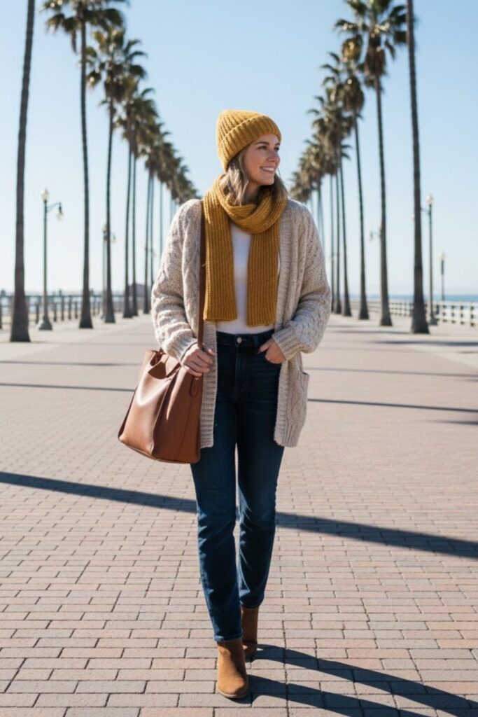 4. Chunky Knit Cardigan Over Long-Sleeve Shirt with Straight-Leg Pants