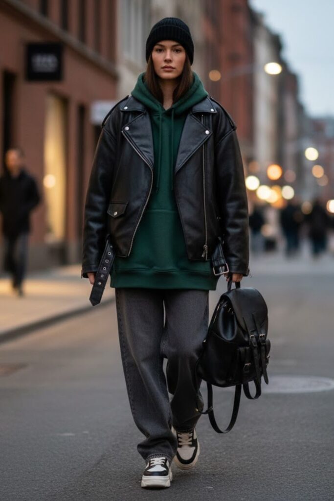 4. Hoodie and Oversized Leather Jacket for a Slouchy Fit