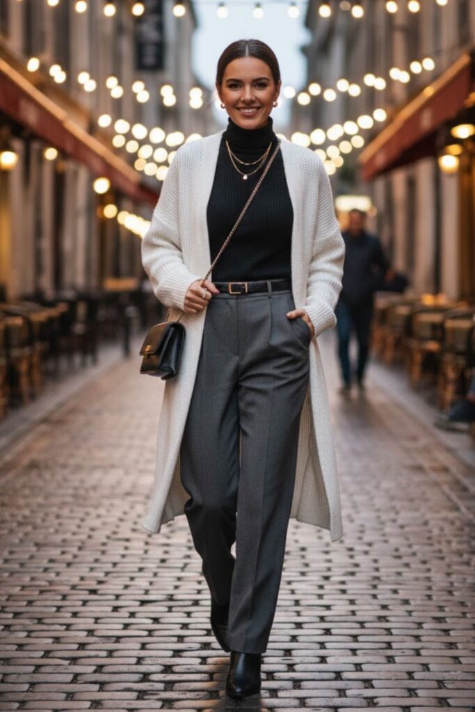 4. Layered with a Ribbed Turtleneck and Straight-Leg Trousers
