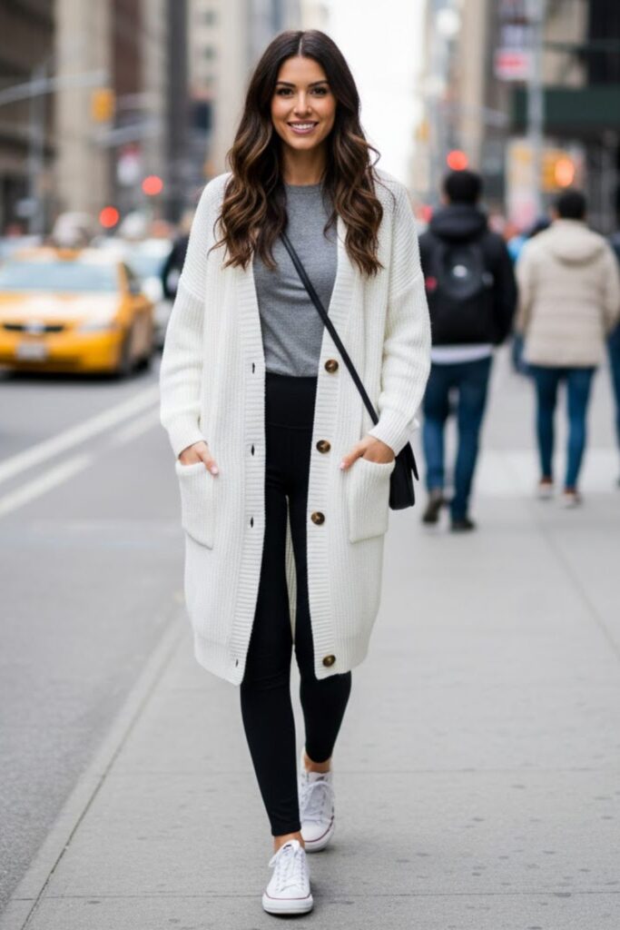 4. Oversized White Knitted Cardigan with Leggings