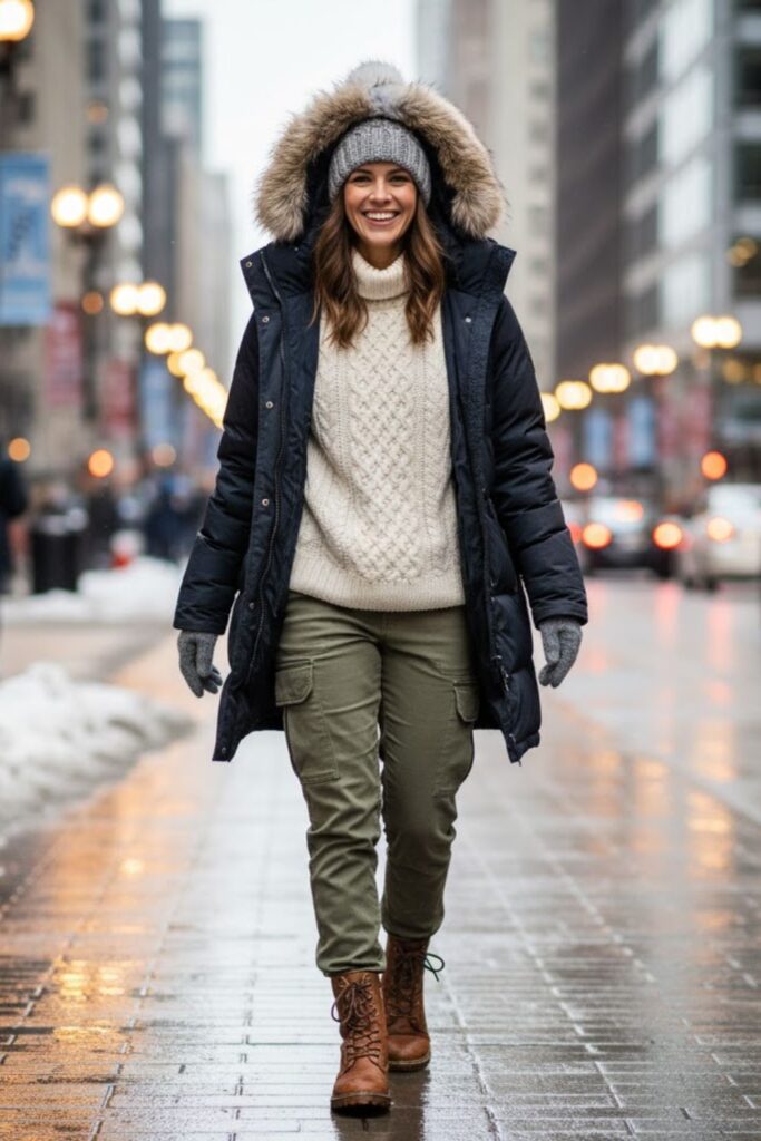 4. Parka with Cable Knit Sweater and Cargo Pants
