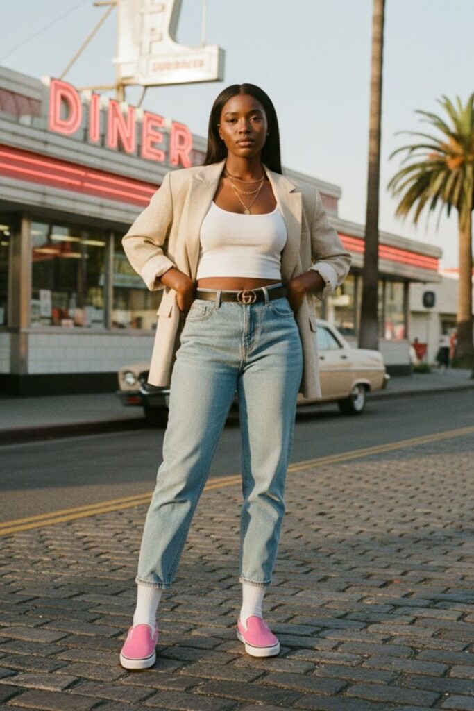 4. Pink Vans with High-Waisted Mom Jeans and a Crop Top
