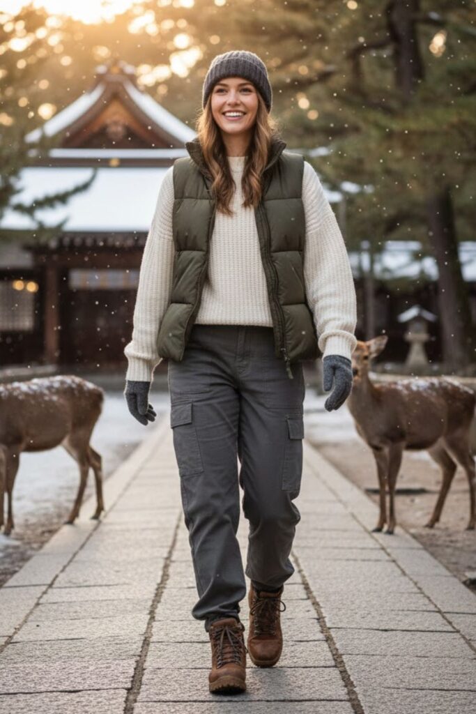 4. Thermal Sweater with Quilted Vest and Cargo Pants