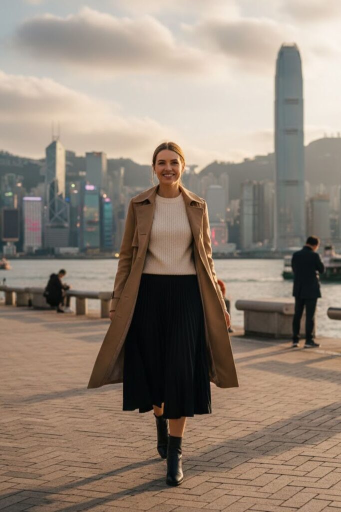 4. Trench Coat with Lightweight Sweater and Midi Skirt