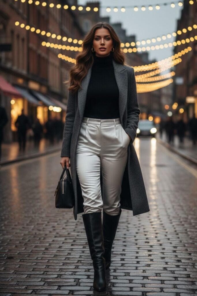 4. Turtleneck Sweater with Satin Trousers and Knee-High Boots