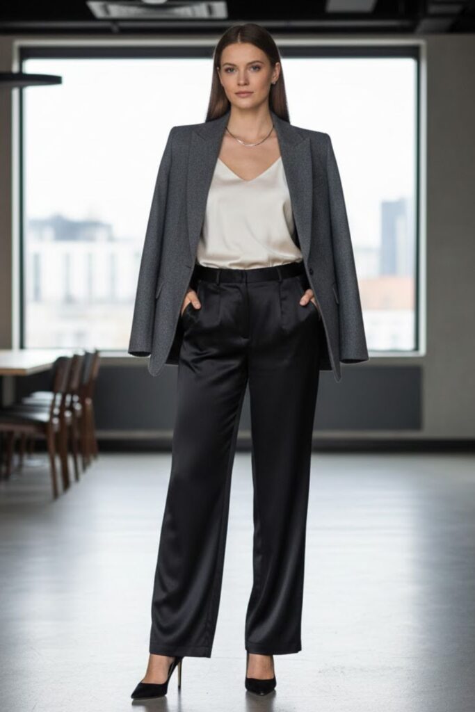 5. Black Satin Trousers with a Wool Blazer and Camisole
