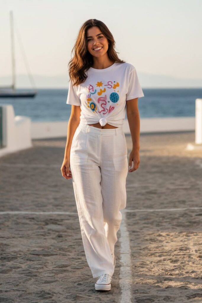 5. Casual White Trousers with a Graphic Tee
