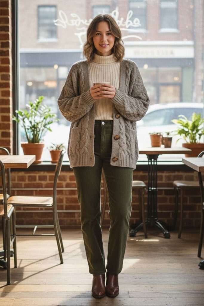 5. Corduroy Pants with Knit Cardigan