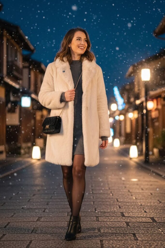 5. Faux Fur Coat with Knit Dress and Tights