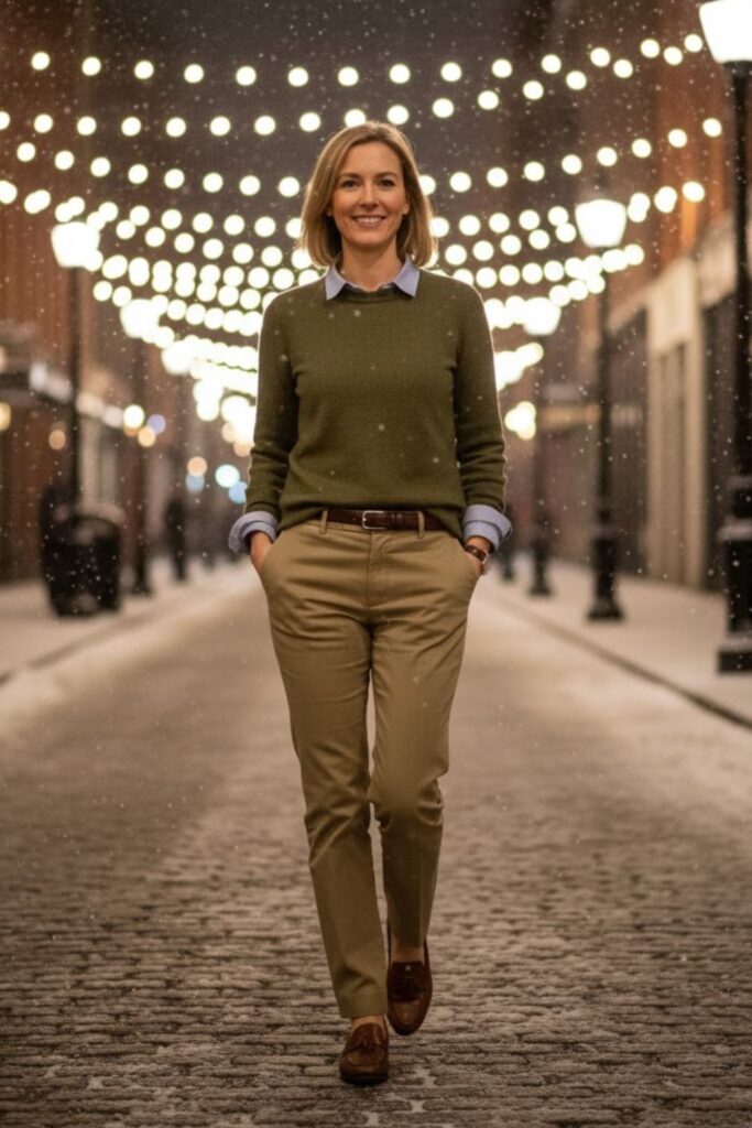 5. Khaki Trousers with a Crew Neck Sweater