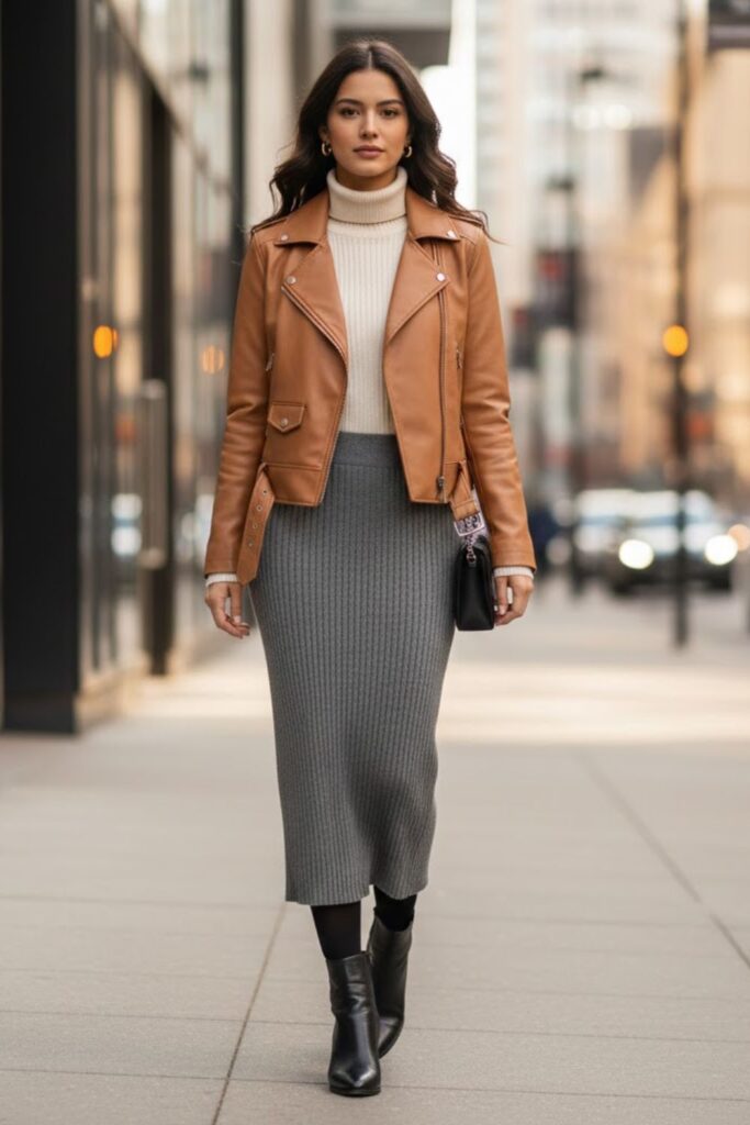 5. Leather Jacket with Ribbed Knit Skirt
