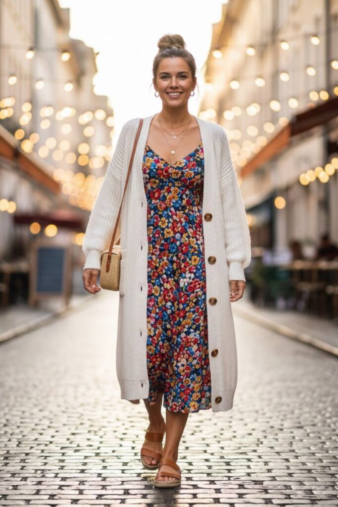 5. Long White Cardigan Over a Floral Dress for Weekend Activities
