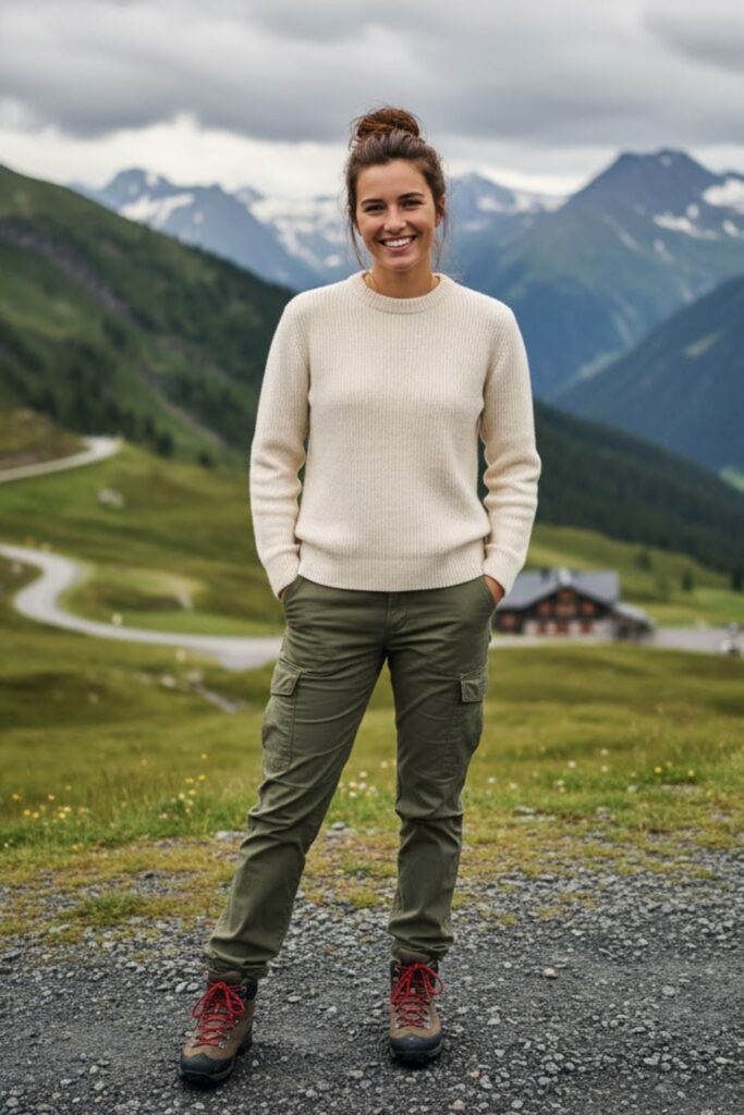 5. Merino Wool Sweater with Cargo Pants and Hiking Shoes