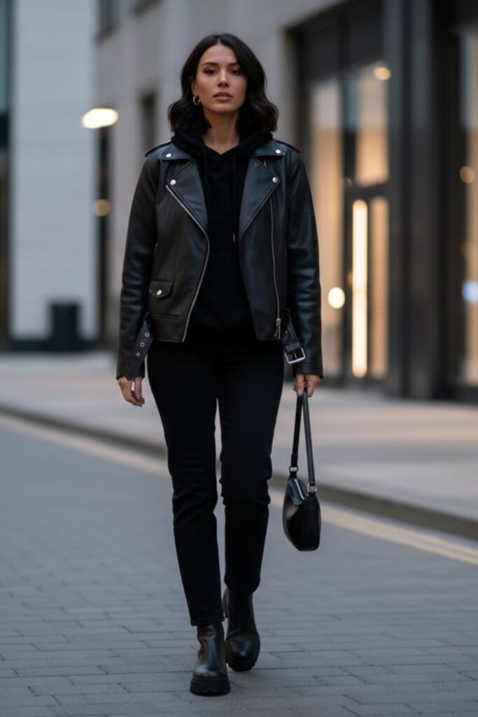 5. Monochrome Hoodie and Leather Jacket Look