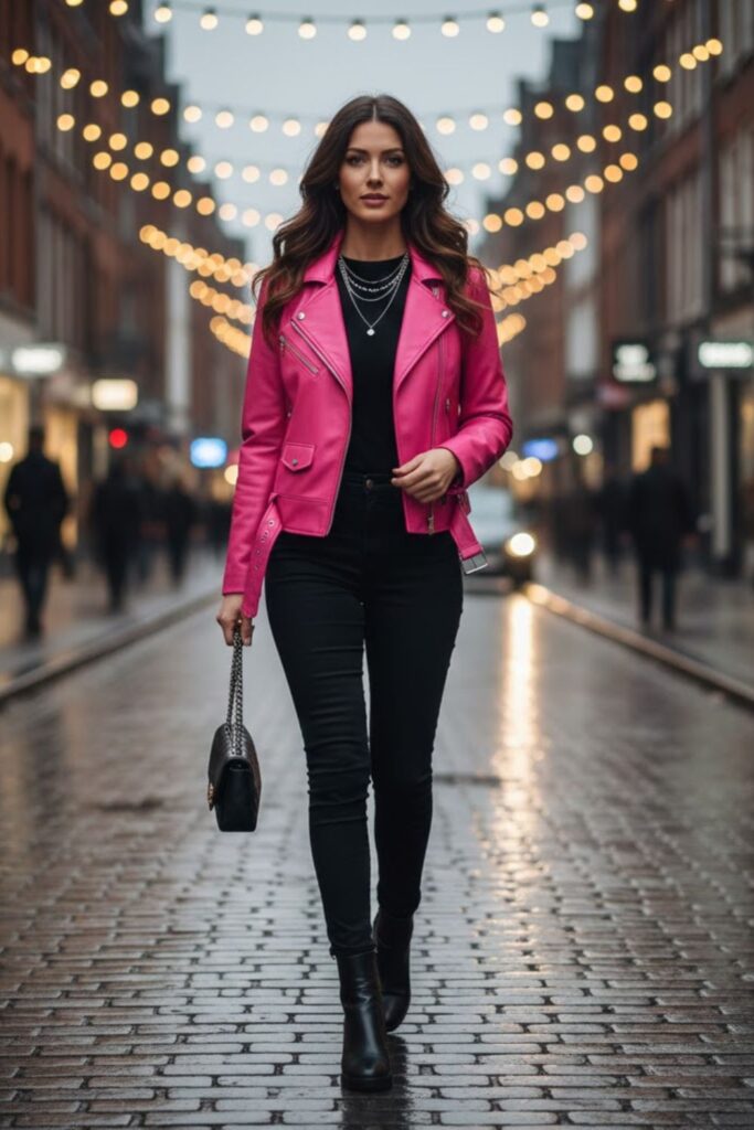 5. Pink Leather Jacket With All-Black Outfit