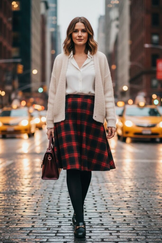 5. Plaid Wool Skirt with Button-Up and Cardigan
