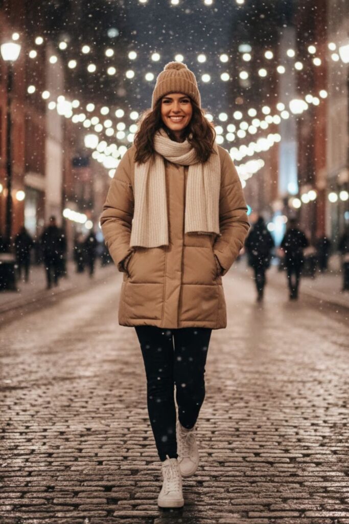 5. Puffer Coat with Leggings and High-Top Sneakers