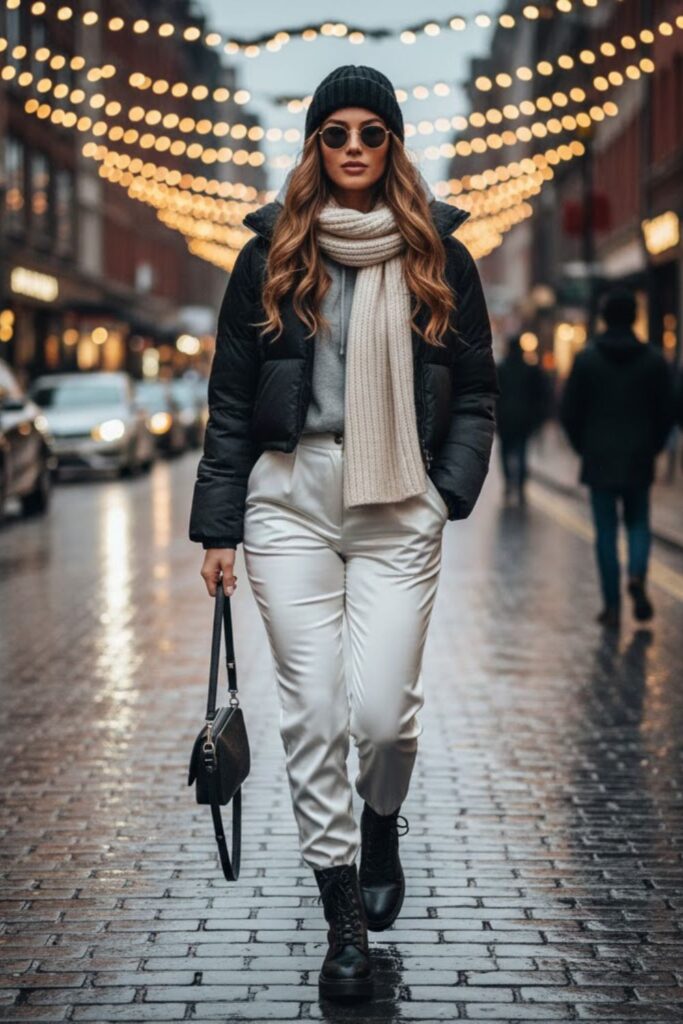 5. Puffer Jacket, Hoodie, and White Satin Trousers