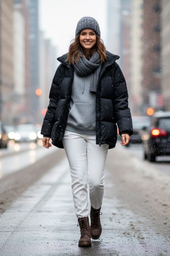 5. Puffer Jacket with Hoodie and White Trousers