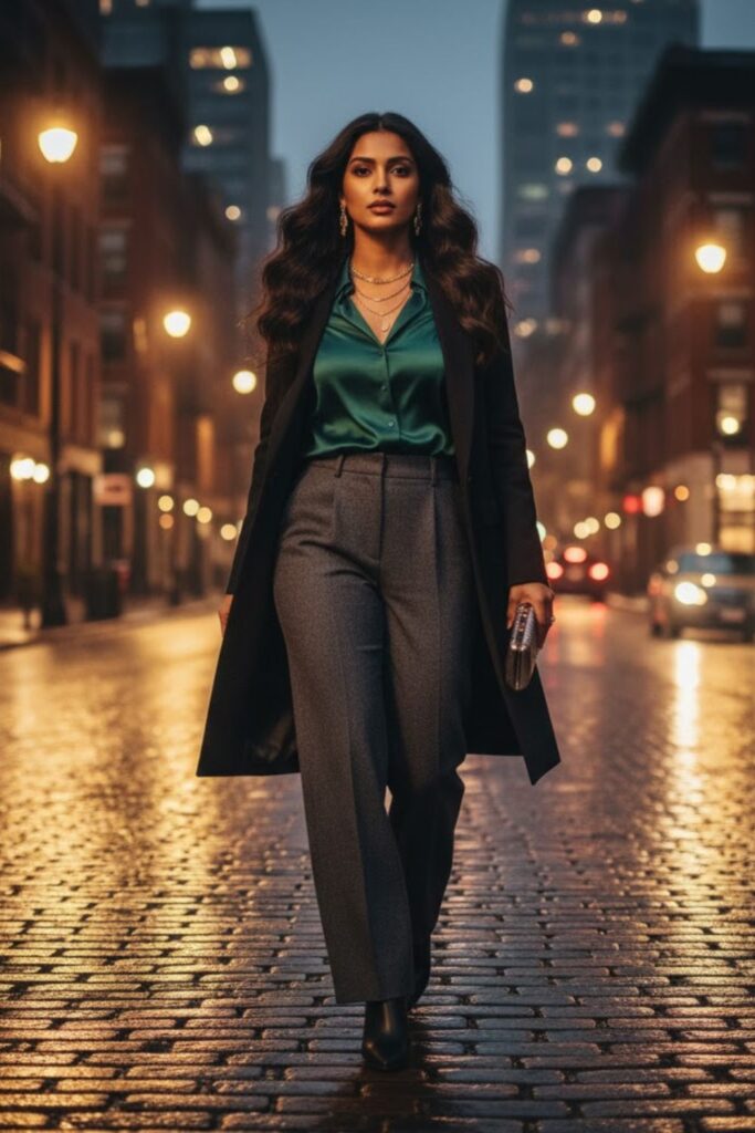 5. Satin Blouse and Wide-Leg Trousers