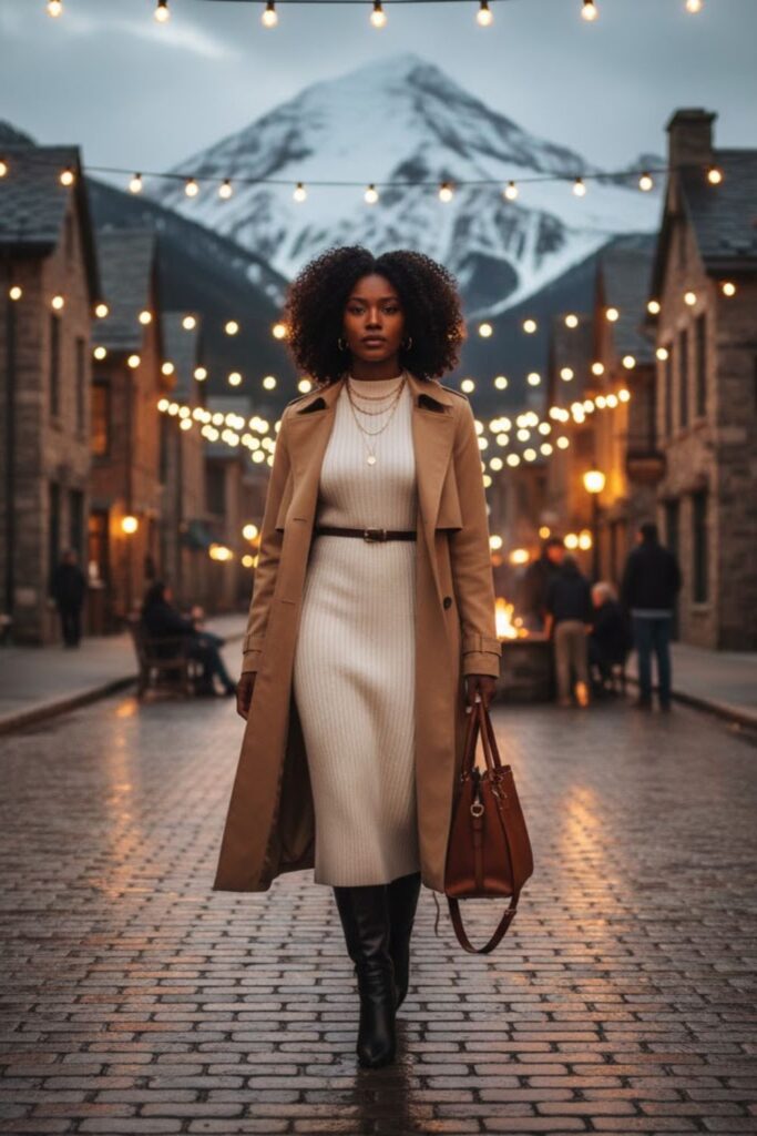 5. Sweater Dress with Trench Coat and Heeled Boots