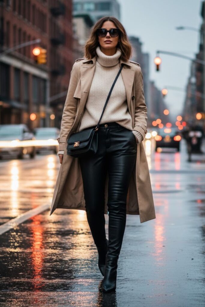5. Trench Coat with Leather Pants and Ankle Boots