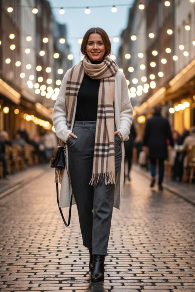 5. White Cardigan with Straight-Leg Pants and a Soft Scarf