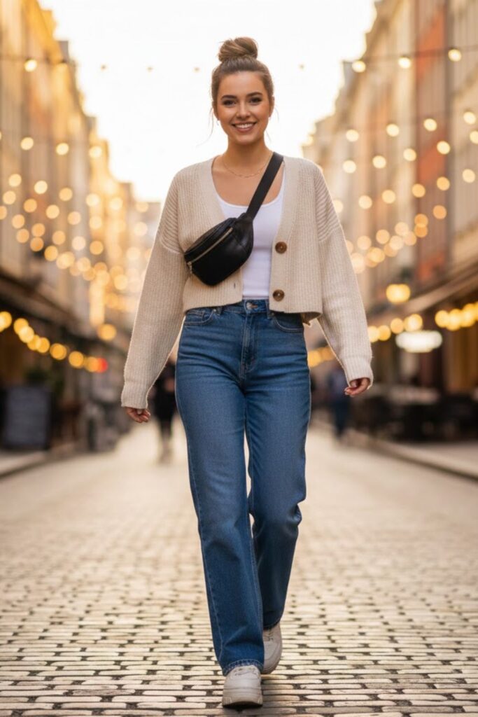 5. White Cropped Cardigan with Wide-Leg Jeans and Platform Sneakers