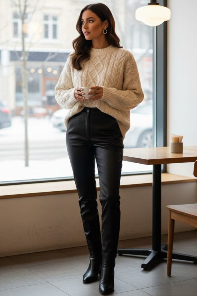 6. Black Satin Trousers with a Chunky Knit Sweater