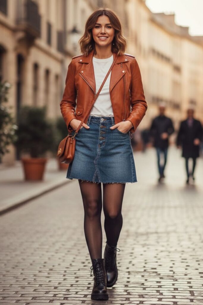 6. Brown Leather Jacket with Denim Skirt