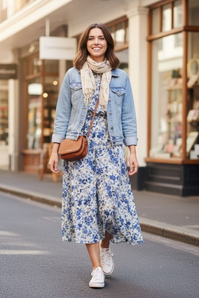 6. Denim Jacket with Midi Dress and Flats