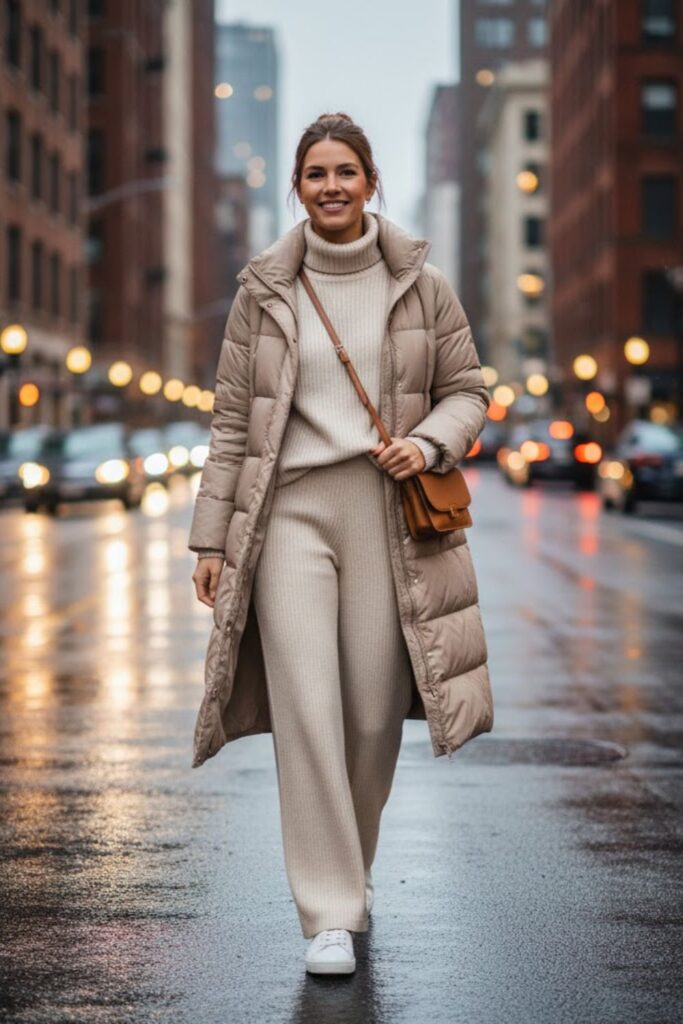 6. Down Coat with Knit Set and Sneakers