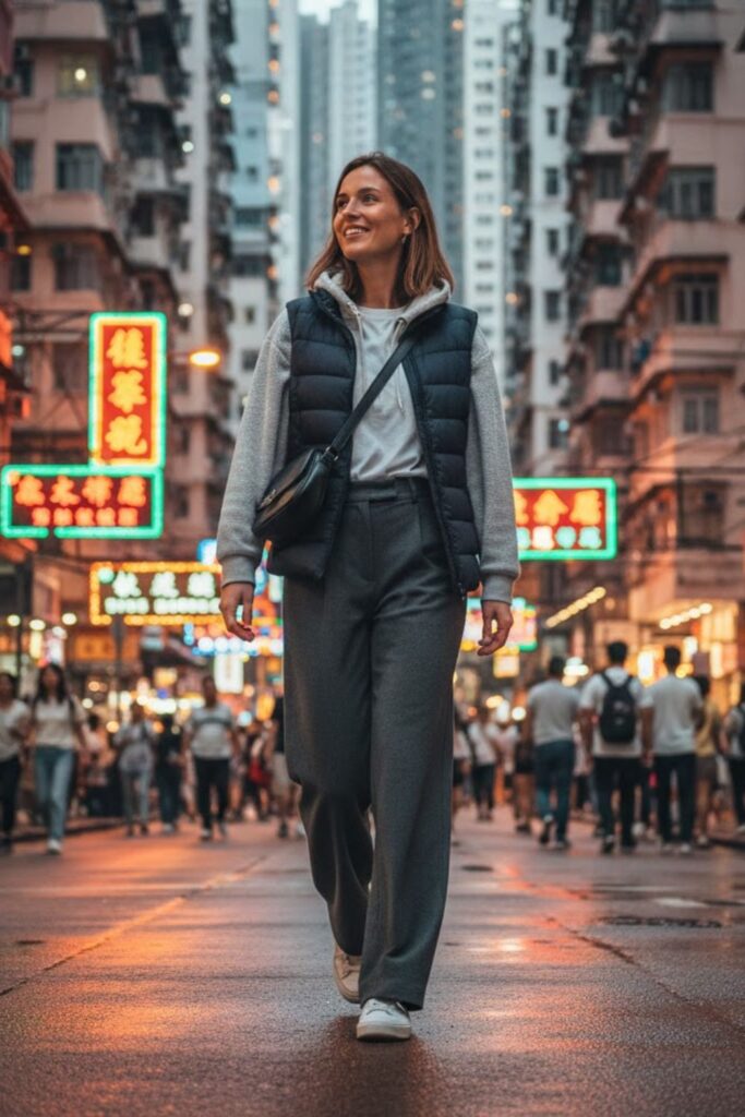6. Down Vest with Hoodie and Wide-Leg Trousers