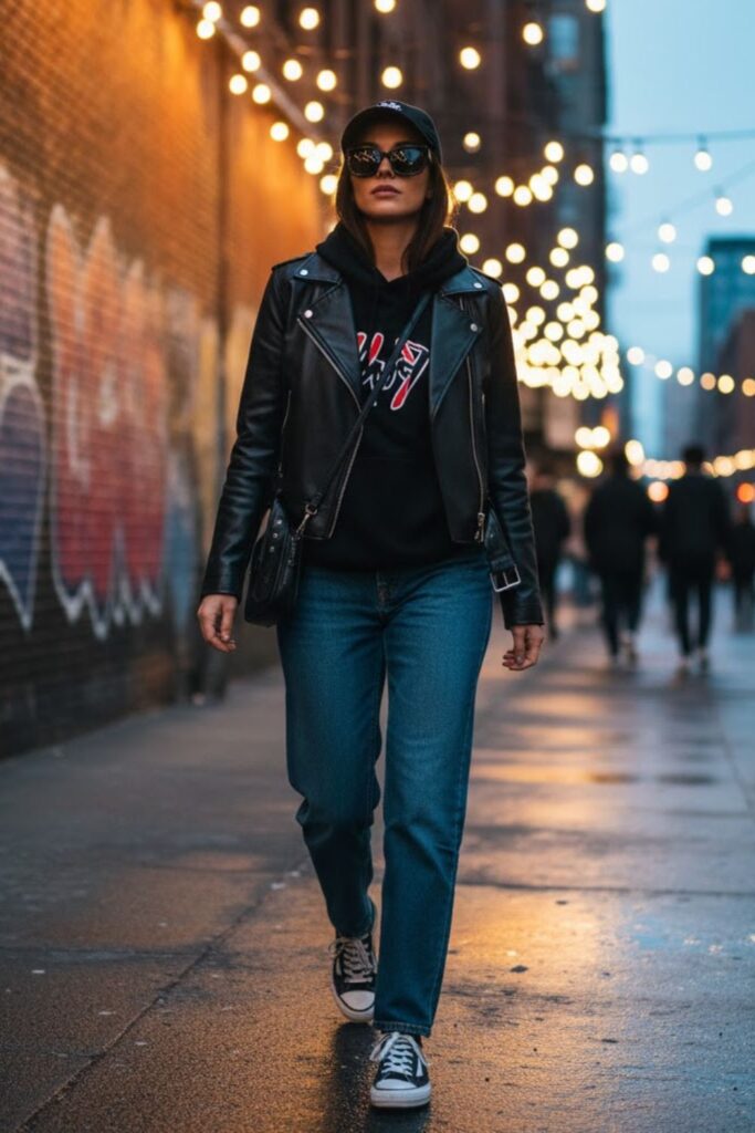 6. Graphic Hoodie with a Simple Leather Jacket
