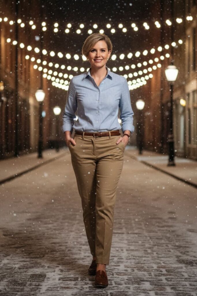 6. Khaki Trousers with a Striped Shirt