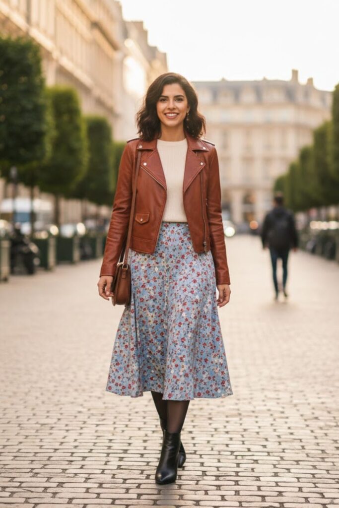 6. Leather Jacket with Floral Midi Skirt