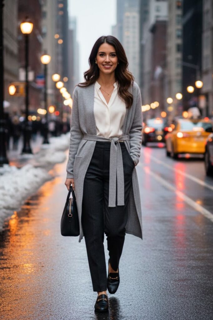 6. Long Cardigan and Tailored Pants