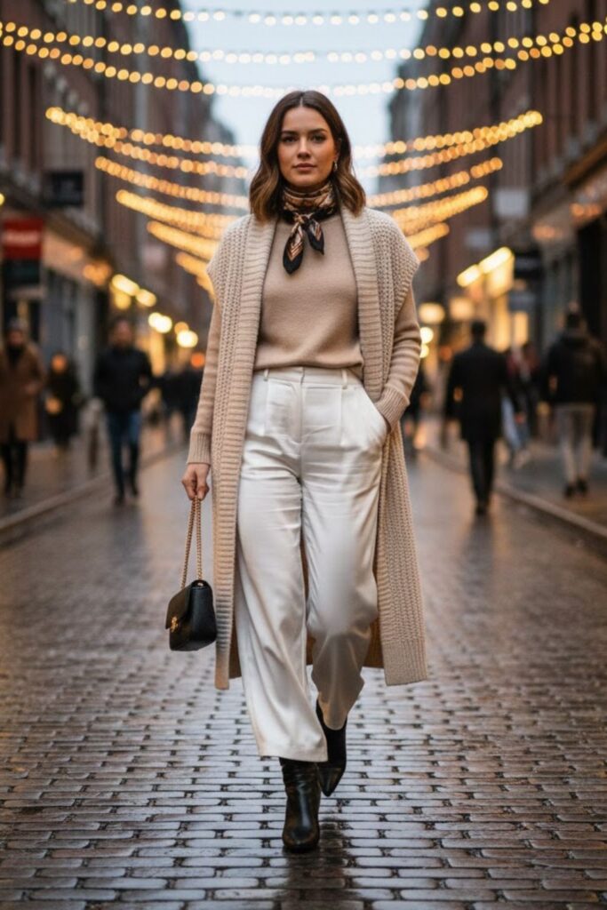 6. Long Knit Vest with Mock Neck Sweater and White Satin Trousers