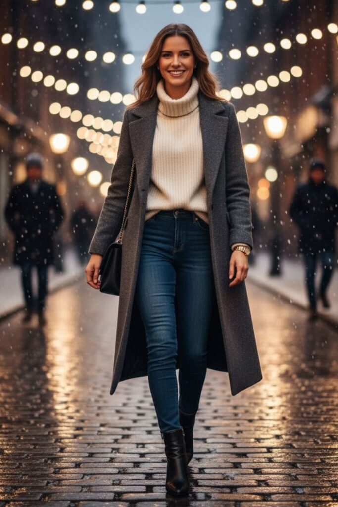 6. Long Wool Coat with Sweater and Jeans