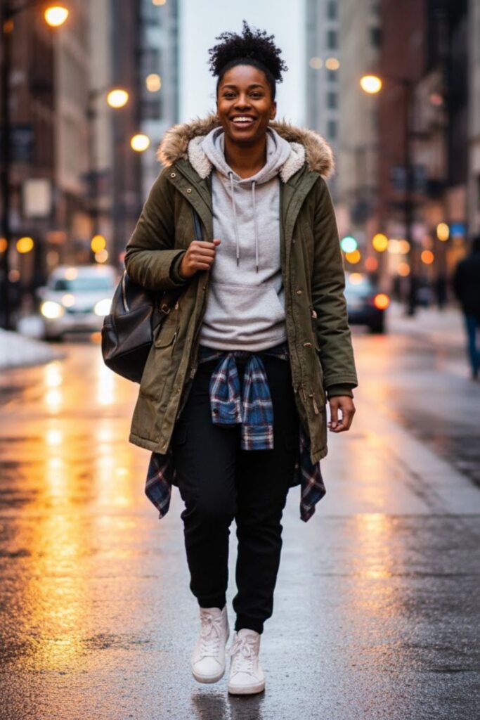 6. Parka with Joggers and High-Top Sneakers