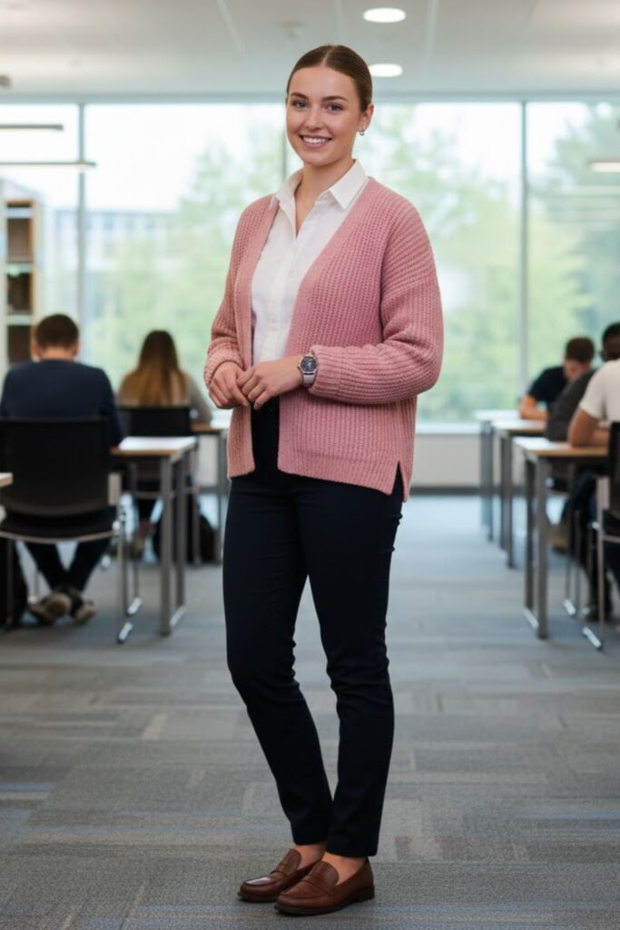 6. Pink Cardigan with a White Button-Down Shirt