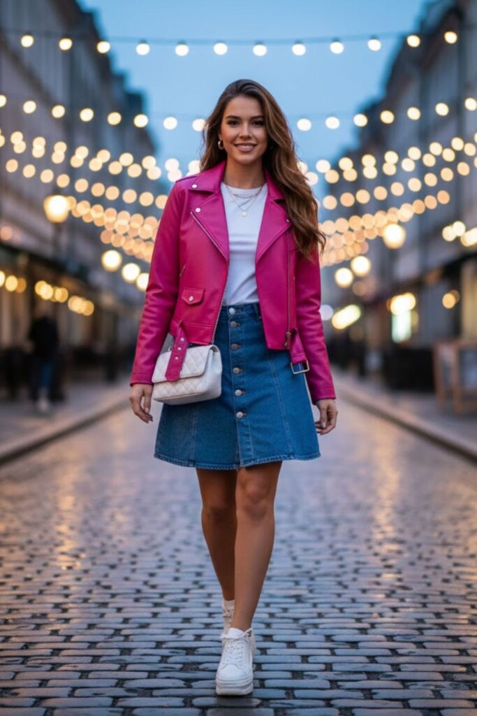 6. Pink Leather Jacket With Denim Skirt