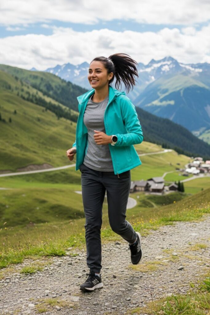 6. Softshell Jacket with Joggers and Trail Runners