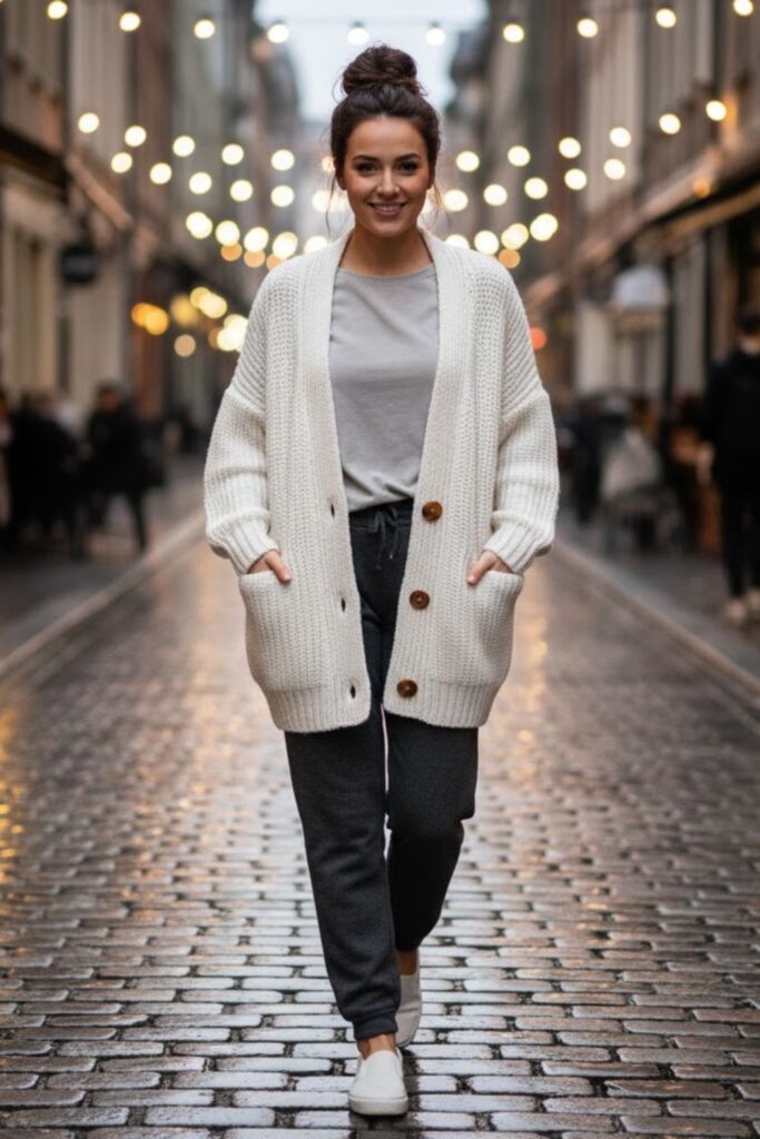 6. White Cardigan with a Simple Long-Sleeve Tee and Winter Joggers