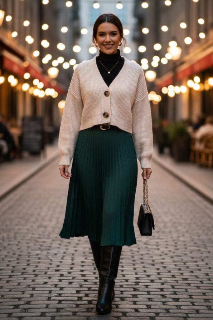 6. White Cropped Cardigan with Midi Pleated Skirt and Knee Boots