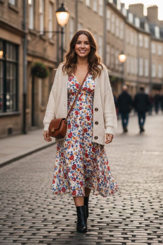 6. White Knitted Cardigan over a Floral Dress