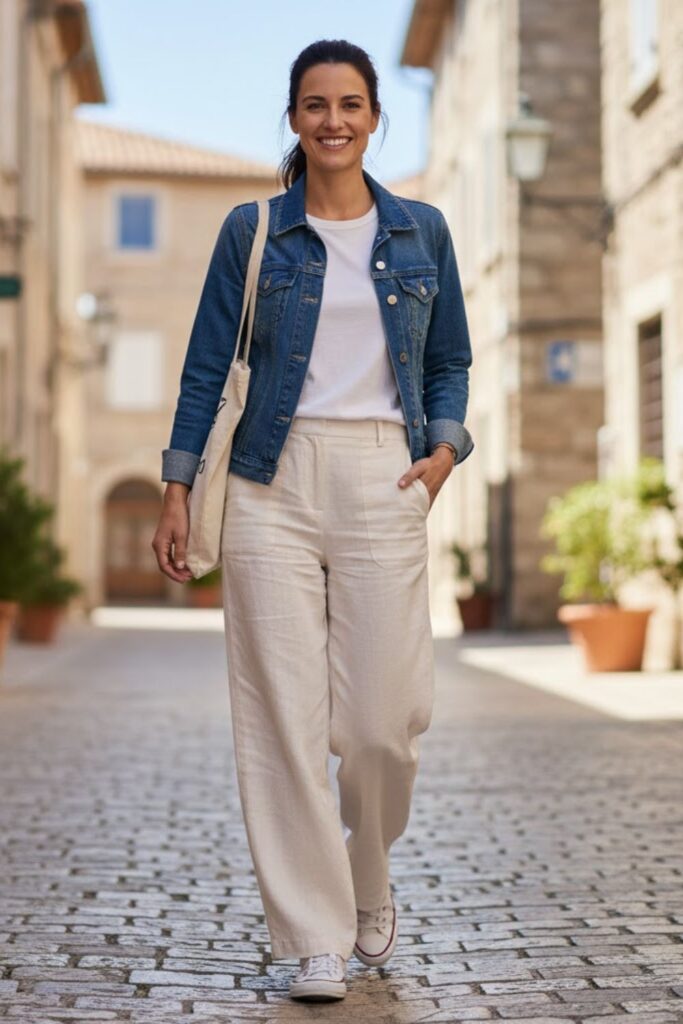 6. White Linen Trousers with a Denim Jacket and White Tee
