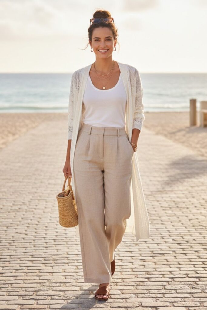 6. With a White Tank Top and Linen Pants for Summertime Ease