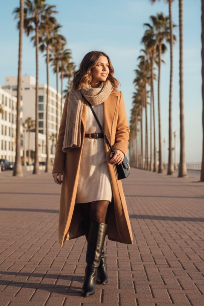 6. Wool Coat with Sweater Dress and Knee-High Boots