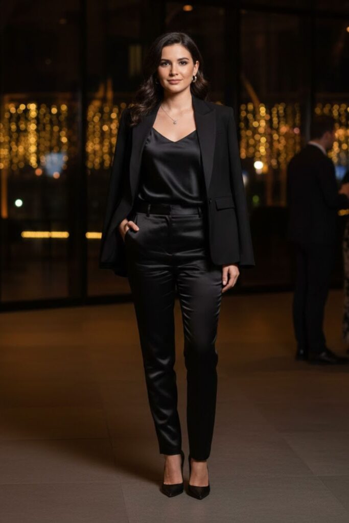 7. Black Satin Trousers with a Satin Camisole and Blazer